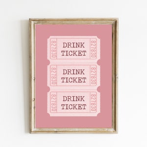 Drink Ticket Print | Trendy Wall Art | Bar Cart Decor | Retro Printable | Pink Bar Print | Bar Cart Art | Pink Aesthetic Wall Art | DIGITAL