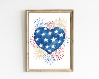 Patriotic Heart Print | Fourth of July Decor | 4th of July Print | Red White and Blue Wall Art | Fireworks Printable | DIGITAL DOWNLOAD