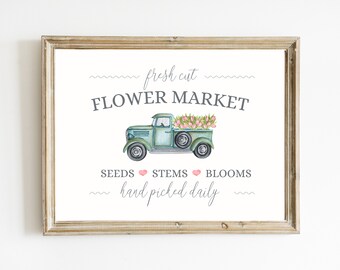 Impresión del mercado de flores recién cortadas / Impresión de flores recién cortadas / Imprimibles de granja / Letrero de camión de primavera / Decoración del hogar de tulipanes / DESCARGA DIGITAL