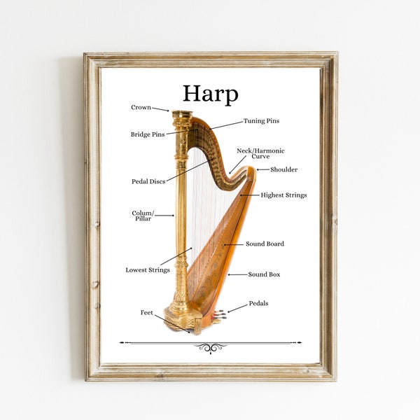 Harp Print | Harp Instrument Diagram | Parts of the Harp | Music Classroom Decor | Orchestra Poster | Music Education Print | DIGITAL PRINT