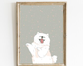 Impresión de perro samoyedo / Arte de pared de samoyedo sonriente / Decoración de la habitación de los niños / Impresión del dormitorio de las niñas / Arte animal lindo / Arte imprimible de la guardería / Impresiones de perros
