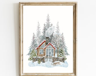 Impresión de cabina de invierno / Arte de pared navideña / Arte mural de Navidad / Imprimible de Navidad / Impresión de árbol de Navidad / Impresiones de invierno / Descarga digital