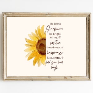 Può includere: Un dipinto ad acquerello di un girasole con il testo "Sii come un girasole: sii luminoso, soleggiato e positivo. Diffondi semi di felicità. Alzati, brilla e tieni la testa alta."