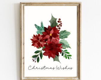 Impresión de deseos de Navidad / Arte de pared de Poinsettia / Decoración del hogar de Navidad / Vacaciones rojas y verdes imprimibles / Navidad imprimible / IMPRESIÓN DIGITAL