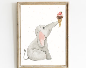 Elephant Printable Wall Art | Nursery Wall Decor | Watercolor Painting | Baby Animal Print | Ice Cream Nursery Art | DIGITAL DOWNLOAD