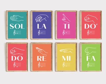 May include: Eight colorful printable posters with hand signs and musical notes representing the notes of the musical scale: Do, Re, Mi, Fa, Sol, La, Ti, Do'.