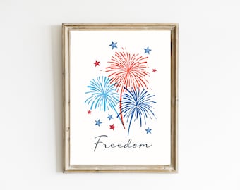Lámina de fuegos artificiales en acuarela / Decoración patriótica para el 4 de julio (Descarga digital)