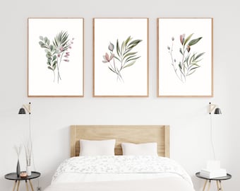 Conjunto de impresión botánica de acuarela de 3 / Galería de arte de pared / Arte imprimible floral / Arte de flores silvestres Arte de línea floral / Arte moderno de decoración del hogar
