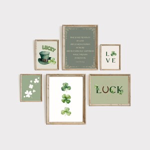May include: A set of eight printable wall art prints with a St. Patrick's Day theme. The prints feature shamrocks, a leprechaun hat, a horseshoe, and the words "Lucky", "Love", and "Luck".