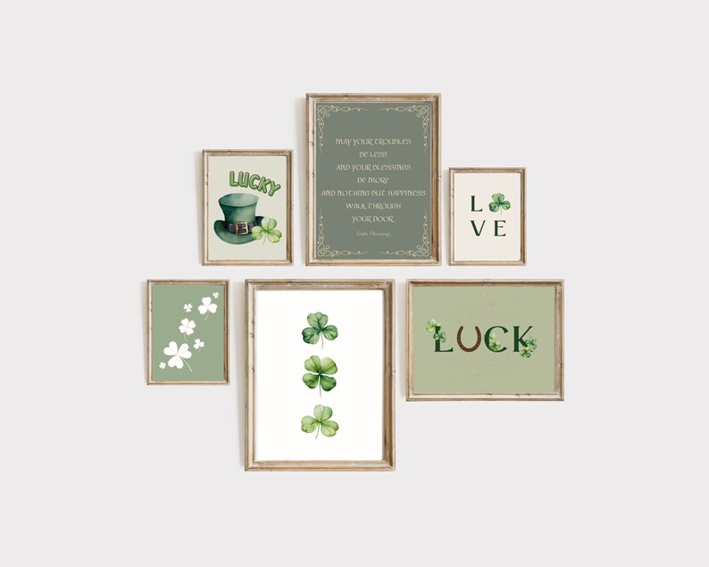 May include: A set of eight printable wall art prints with a St. Patrick's Day theme. The prints feature shamrocks, a leprechaun hat, a horseshoe, and the words "Lucky", "Love", and "Luck".