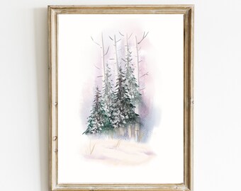 Snowy Forest Winter Print | Christmas Woodland Wall Art | Printable Christmas Art | Snowy Fir Trees Printable | Digital Download