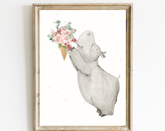 Hippo Printable Wall Art | Nursery Wall Decor | Watercolor Hippo Painting | Baby Animal Print | Ice Cream Nursery Art | DIGITAL DOWNLOAD