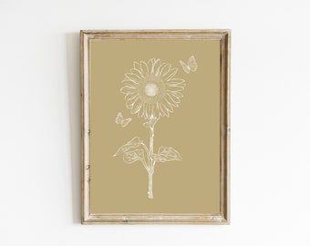 Estampado de girasol / Decoración de girasol / Estampado de girasol estilo vintage / Flor de verano imprimible / Impresión botánica / DESCARGA DIGITAL