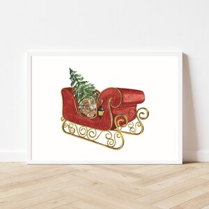 Red Sleigh Print Watercolor Santa's Sleigh Wall Art Christmas Printable Wall Art Red Christmas Decorations Holiday Decor vintage image 8