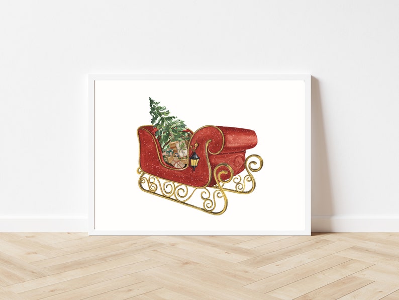 Red Sleigh Print Watercolor Santa's Sleigh Wall Art Christmas Printable Wall Art Red Christmas Decorations Holiday Decor vintage image 8