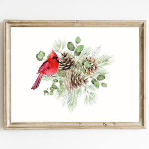 Kardinal Weihnachten Poster | Aquarell Kardinal Wandkunst | Winter Wohnkultur | Kardinal Gemälde Dekor | Kardinal und Tannenzweige Print
