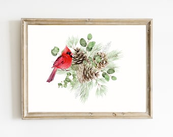 Cardinal Christmas Print | Watercolor Cardinal Wall Art | Winter Home Decor |  Cardinal Painting Decor | Cardinal and Pine Branches Print