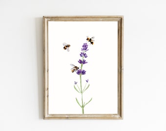 Honeybee Lavender Print | Wildflower Bee Printable | Summer Printable Art | Watercolor Lavender Print | Botanical Print | DIGITAL DOWNLOAD