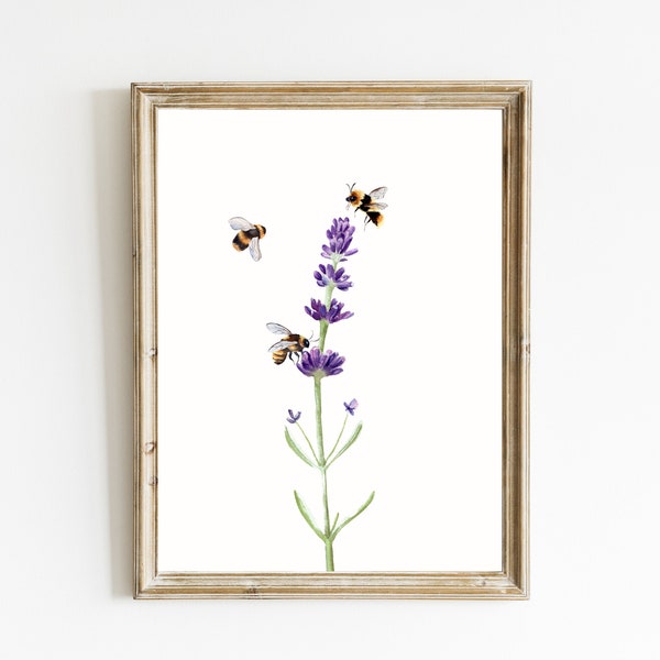 Honeybee Lavender Print | Wildflower Bee Printable | Summer Printable Art | Watercolor Lavender Print | Botanical Print | DIGITAL DOWNLOAD