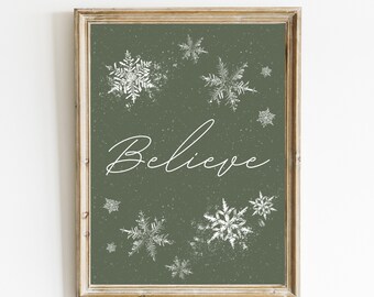 Believe Snowflakes Christmas Print | Green Holiday Wall Art (Digital Print)