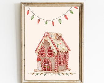 Impresión de la casa de pan de jengibre / Arte de la pared de Navidad / Pan de jengibre de acuarela imprimible / Decoración de la casa de vacaciones / Impresión navideña neutra / DIGITAL