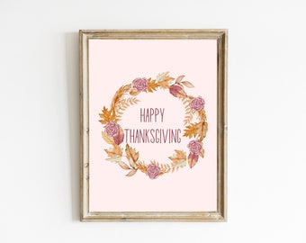 Happy Thanksgiving Print | Fall Wreath Print | Autumn Home Decor | Cute Fall Printables | Watercolor Fall Wreath | DIGITAL DOWNLOAD