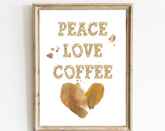 Impresión de café divertida / Impresión de manchas de café / Impresión de café Peace Love / Arte de la pared del café / Impresión de cocina / Arte de la cocina / DESCARGA DIGITAL
