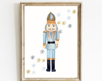 Impresión de cascanueces azul / Arte imprimible de Navidad / Impresión de cascanueces de estilo vintage / Decoración navideña de acuarela / Arte de pared ecléctico / DIGITAL