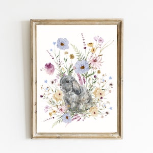 Spring Bunny Print | Watercolor Bunny painting | Spring Printable Art| Spring Wildflowers Print | Easter Bunny Print | DIGITAL DOWNLOAD