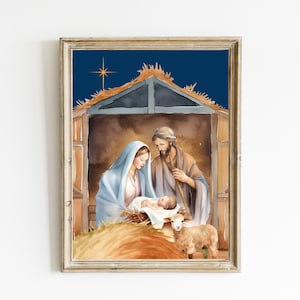 Impression de scène de la Nativité | Impression de Noël de la Sainte Famille | Art mural étoile de Bethléem | Impression de Noël chrétienne | Impression d’écurie de Noël