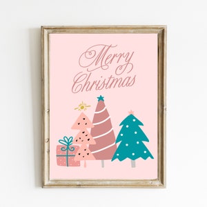 Merry Christmas Print | Cute Pink Christmas Decor | Christmas Printable Art | Whimsical Christmas | Pink Teal Christmas | DIGITAL DOWNLOAD