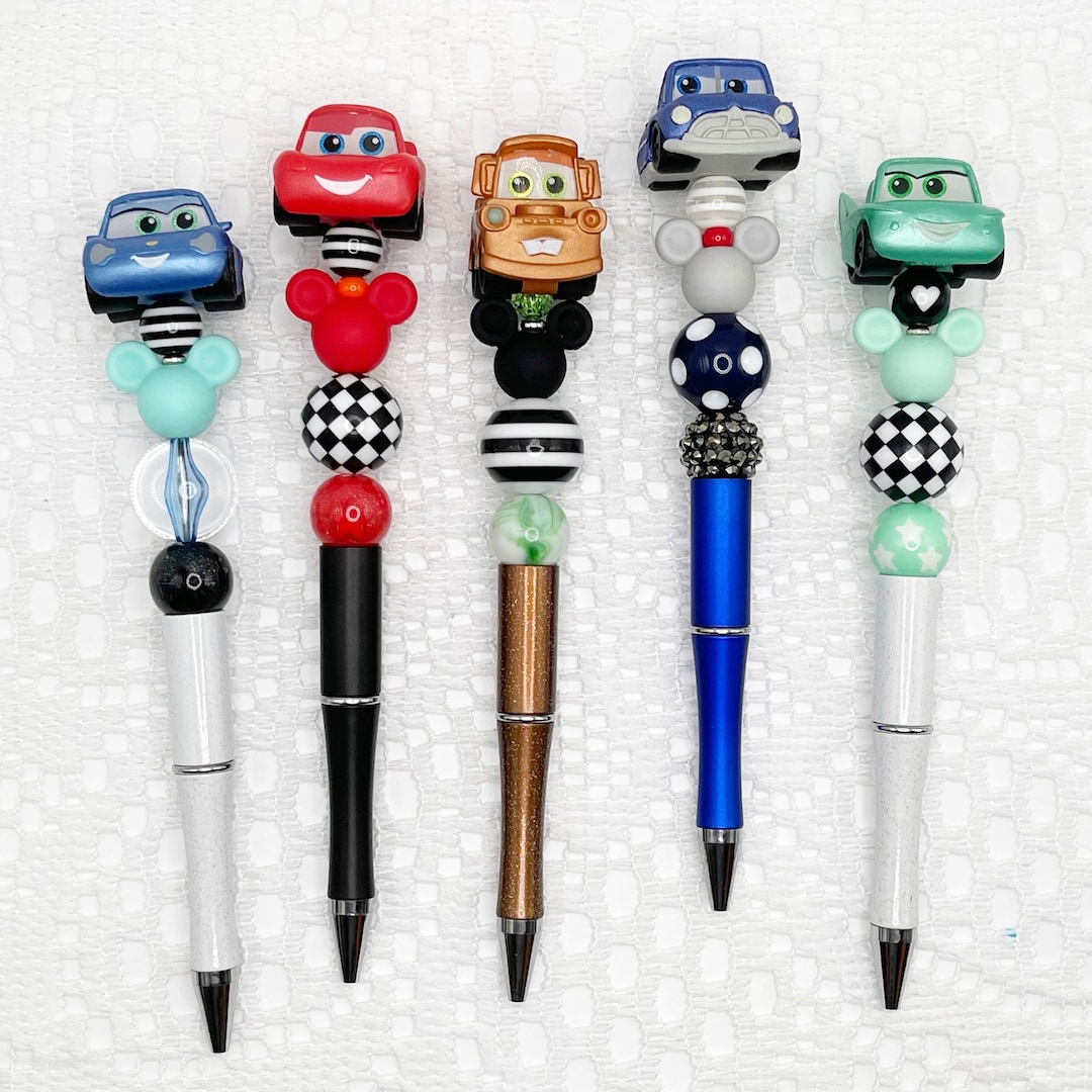 Cars Inspired Autograph Pen, Beaded Ballpoint Pen With Disney Pixar Doorable, Mater, Hudson