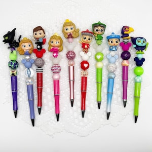 Sleeping Beauty inspired autograph pen, beaded ballpoint with Disney Doorable, Princess Aurora, Prince Phillip, Flora, Fauna, Merryweather