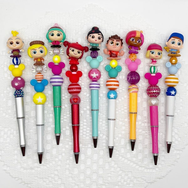 Wreck-it-Ralph inspired beaded ballpoint pen with Disney Doorable, Autograph Pen, Vannelope, Fix-It Felix, Jubileena, Candlehead, Snowanna
