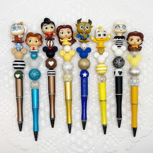 Beauty and the Beast Inspired Autograph Pen, beaded ballpoint pen with Disney Doorable,Belle, Lumiere, Cogsworth, Plumette, Maurice