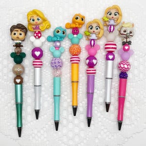 Tangled Inspired Autograph Pen, beaded ballpoint pen with Disney Doorable, Rapunzel, Flynn Rider, Pascal