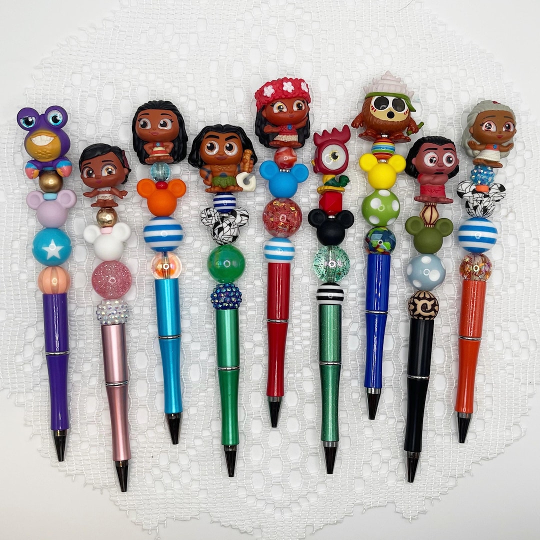 Moana Inspired Autograph Pen, Beaded Ballpoint Pen With Disney Doorable,  Maui, Pua, Hei Hei, Te Fiti