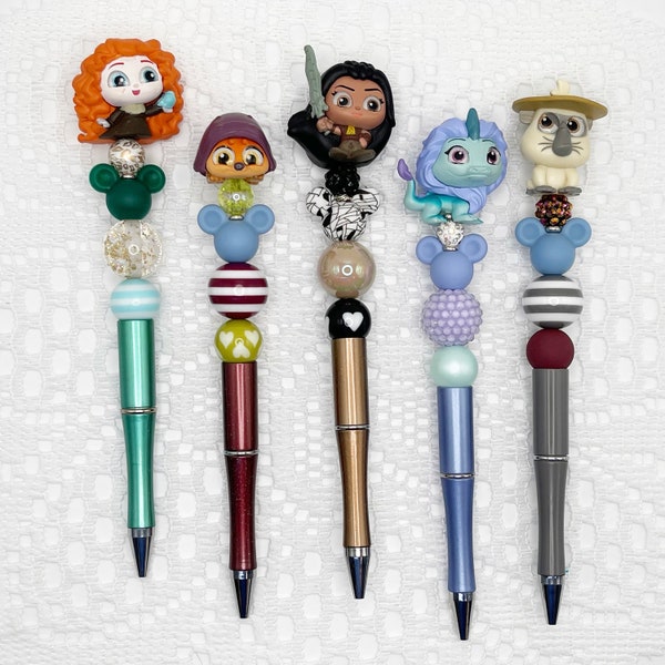 Raya and Brave Inspired Autograph Pen, Beaded Ballpoint Pen with Disney Doorable, Merida, Sisu, Tuk Tuk, Dyan