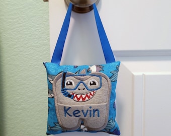personalized tooth fairy pillow custom tooth holder with pocket, 5th birthday gift boy, shark gifts for kids, tooth door pillow, shark decor