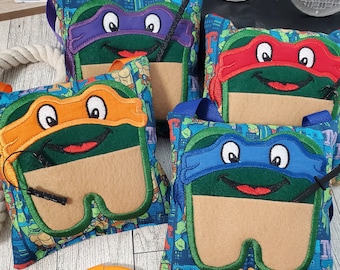 personalized tooth fairy pillow for boys, custom tooth holder with pocket, ninja stocking stuffer for little boys, turtle gifts for kids,