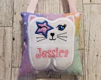 rainbow cat tooth fairy door hanger personalized tooth fairy pillow for girls, 6th birthday gift girl, cute tooth fairy holder, rock star