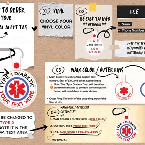 Op de afbeelding: Een medische alarmtag met een rood en wit Star of Life-symbool en de tekst "Type 1 Diabetic". De tag bevat een karabijnhaak en instructies voor aanpassing, inclusief kleuropties en aangepaste tekst.