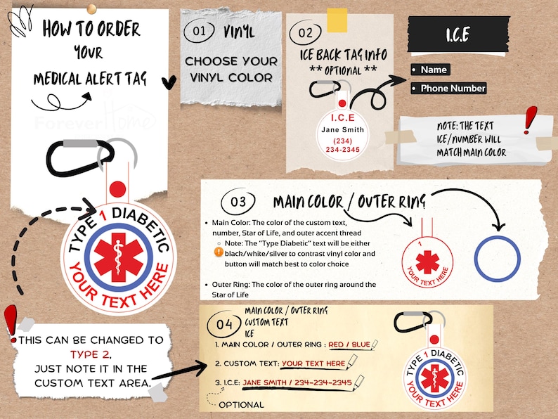 Op de afbeelding: Een medische alarmtag met een rood en wit Star of Life-symbool en de tekst "Type 1 Diabetic". De tag bevat een karabijnhaak en instructies voor aanpassing, inclusief kleuropties en aangepaste tekst.