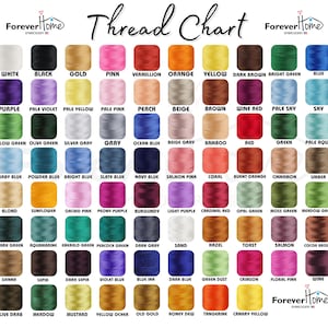 Puede incluir: Una tabla de hilos con una variedad de colores, incluyendo blanco, negro, dorado, rosa y azul. La tabla est&aacute; etiquetada como "Thread Chart" e incluye el logotipo "Forever Home Embroidery". Cada color se muestra en una peque&ntilde;a bobina.