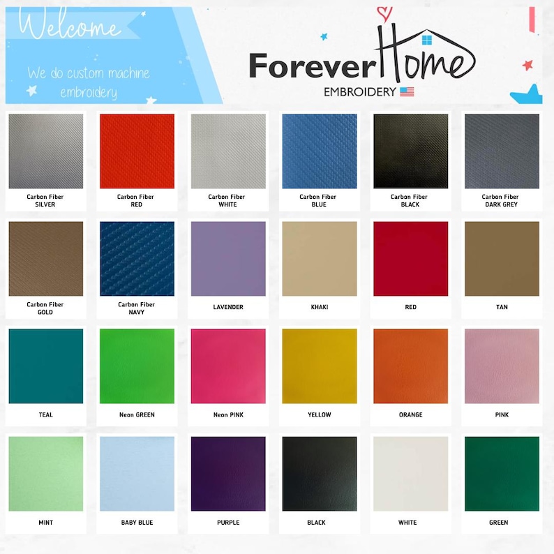 Op de afbeelding: Een kleurenkaart met verschillende tinten koolstofvezelstoffen, waaronder zilver, rood, wit, blauw, zwart en donkergrijs. Andere kleuren zijn goud, marine, lavendel, kaki, rood, tan, teal, neon groen, neon roze, geel, oranje, roze, mint, babyblauw, paars, zwart, wit en groen. De afbeelding bevat ook de tekst "Welcome" en "Forever Home Embroidery".