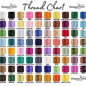 May include: A ForeverHome Embroidery thread chart featuring a grid of 90 colorful thread spools. Each spool is labeled with its specific color name, ranging from white, black, and gold to various shades of blue, green, red, and brown.