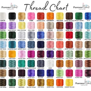 May include: A thread chart from Forever Home Embroidery, featuring a wide array of thread colors. The chart displays various shades, including white, black, gold, pink, and blue. Each color is labeled with its name, providing a comprehensive guide for embroidery projects.