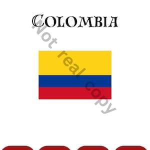 Puede incluir: Un fondo blanco con la palabra "COLOMBIA" en negro, sobre una bandera horizontal amarilla, azul y roja. Debajo, cuatro &oacute;valos rojos con los textos "SVG", "PNG", "JPG" y "PDF".