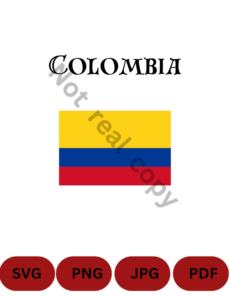 Puede incluir: Un fondo blanco con la palabra "COLOMBIA" en negro, sobre una bandera horizontal amarilla, azul y roja. Debajo, cuatro &oacute;valos rojos con los textos "SVG", "PNG", "JPG" y "PDF".