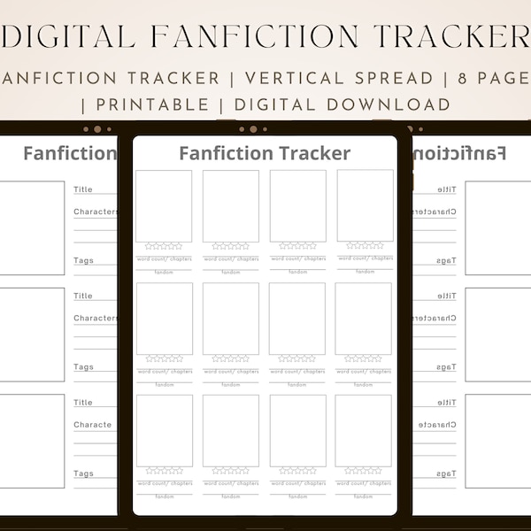 Digital Fanfiction Tracker, Journal de fanfiction, Modèle de fanfic, Planificateur de fanfiction, AO3, Journal de lecture, Tracker de lecture, Téléchargement numérique